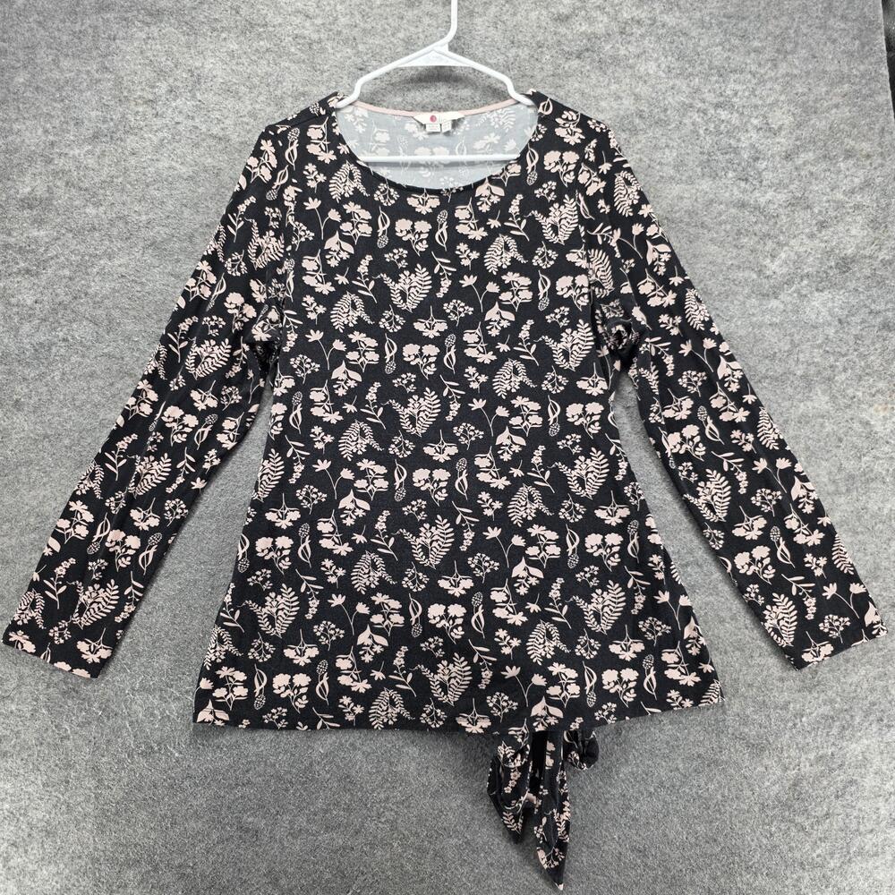 Boden Shirt Womens 16 Black Pink Floral Tie Front Long Sleeve Stretch Top